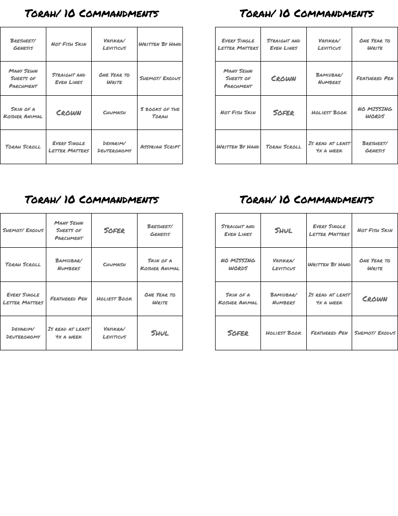 Torah/ 10 Commandments Bingo Cards