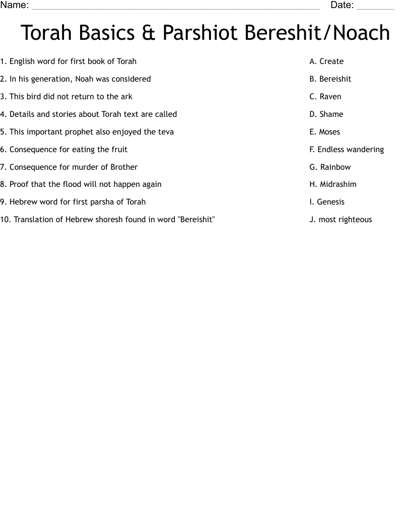 Torah Basics & Parshiot Bereshit/Noach Worksheet