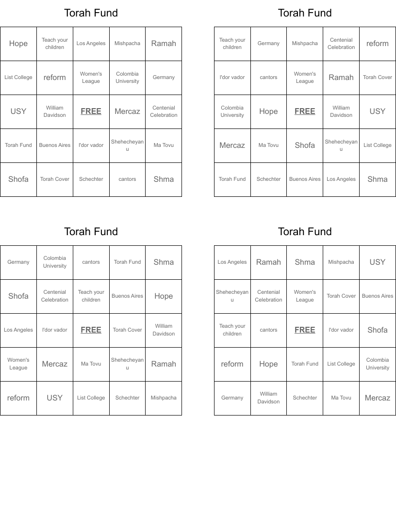 Torah Fund Bingo Cards