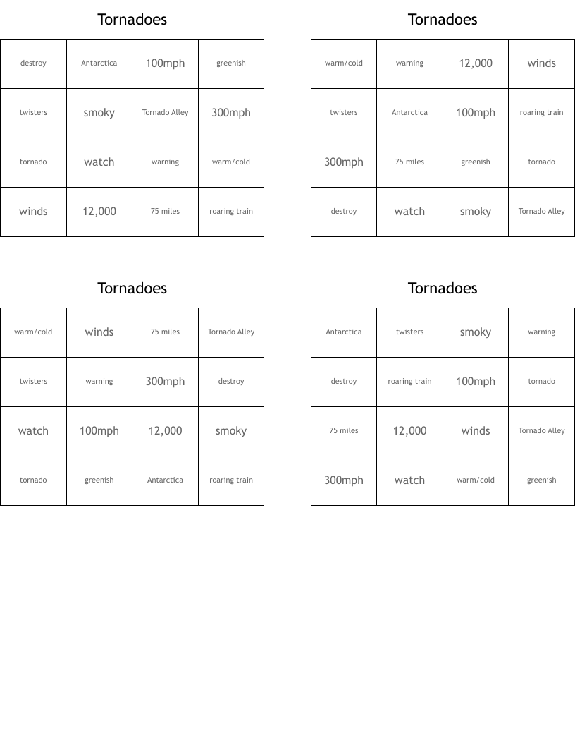Tornadoes Bingo Cards