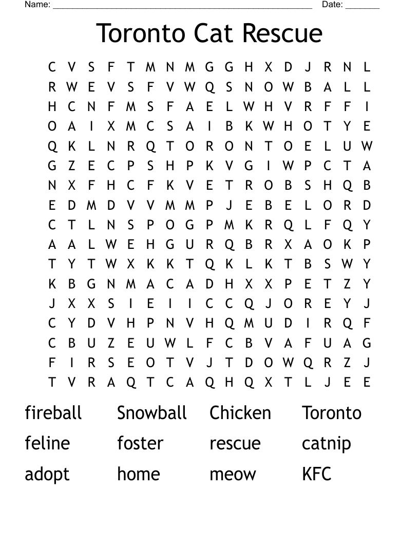 Toronto Cat Rescue Word Search