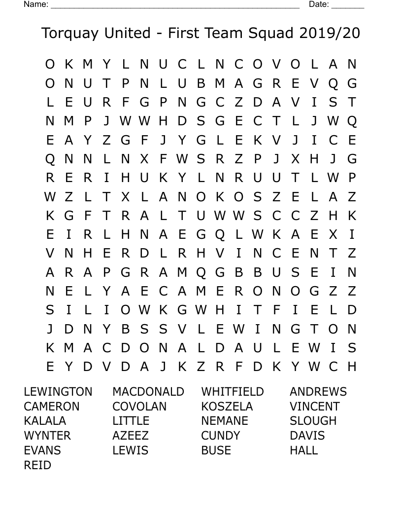 Torquay United - First Team Squad 2019/20 Word Search