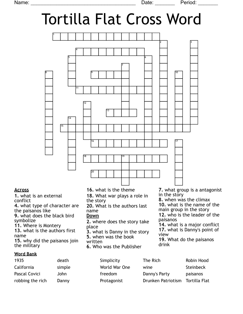 Tortilla Flat Cross Word