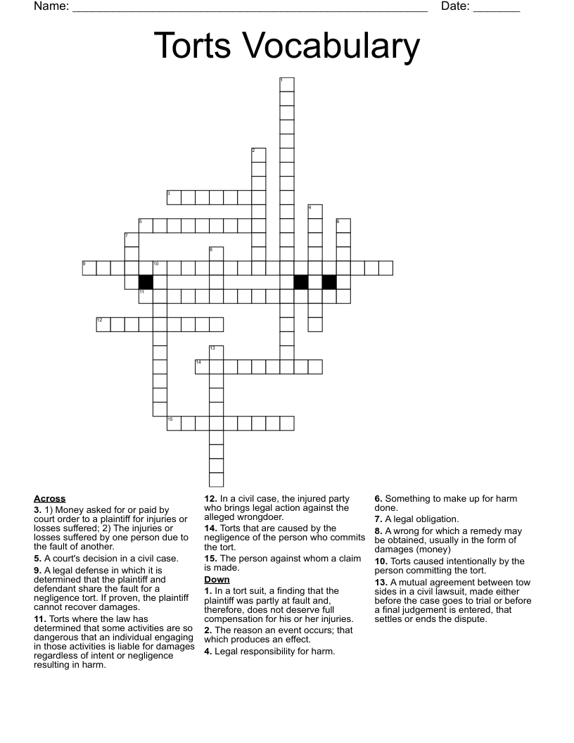 Torts Vocabulary Crossword