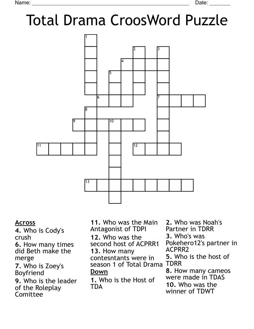 Total Drama CroosWord Puzzle Crossword