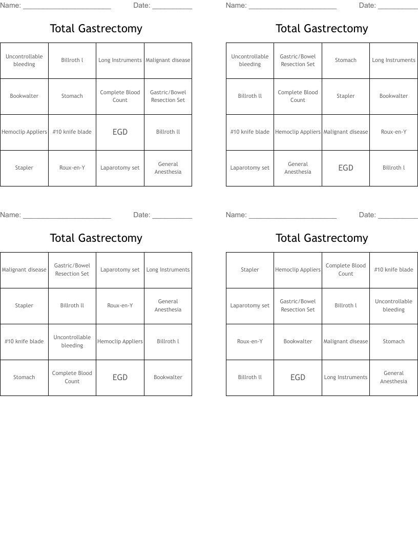 Total Gastrectomy Bingo Cards