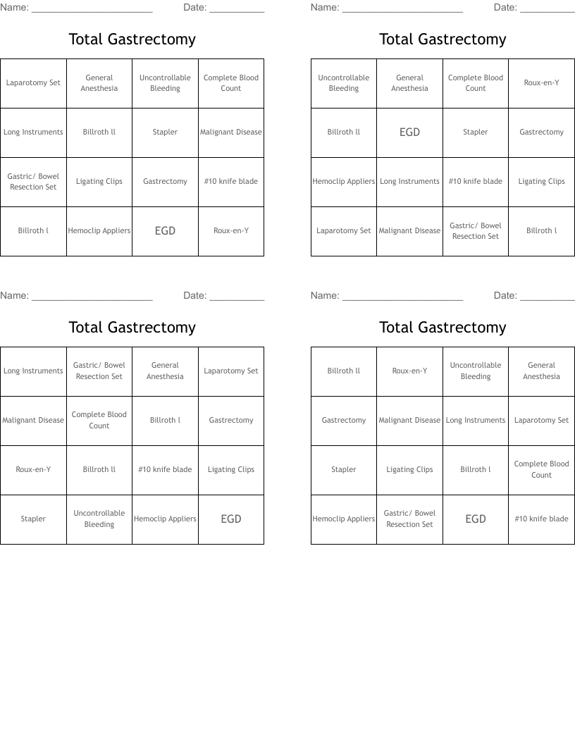 Total Gastrectomy Bingo Cards