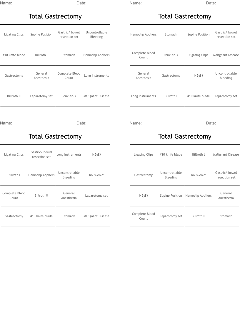 Total Gastrectomy Bingo Cards