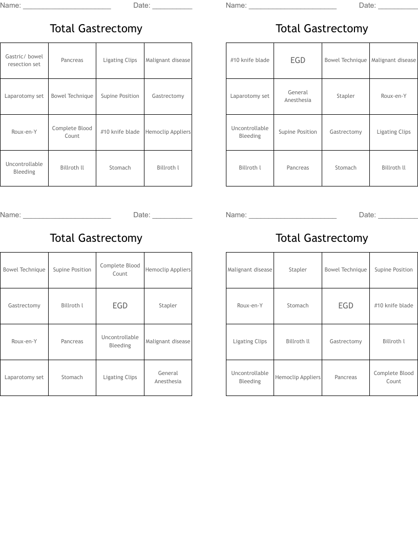 Total Gastrectomy Bingo Cards