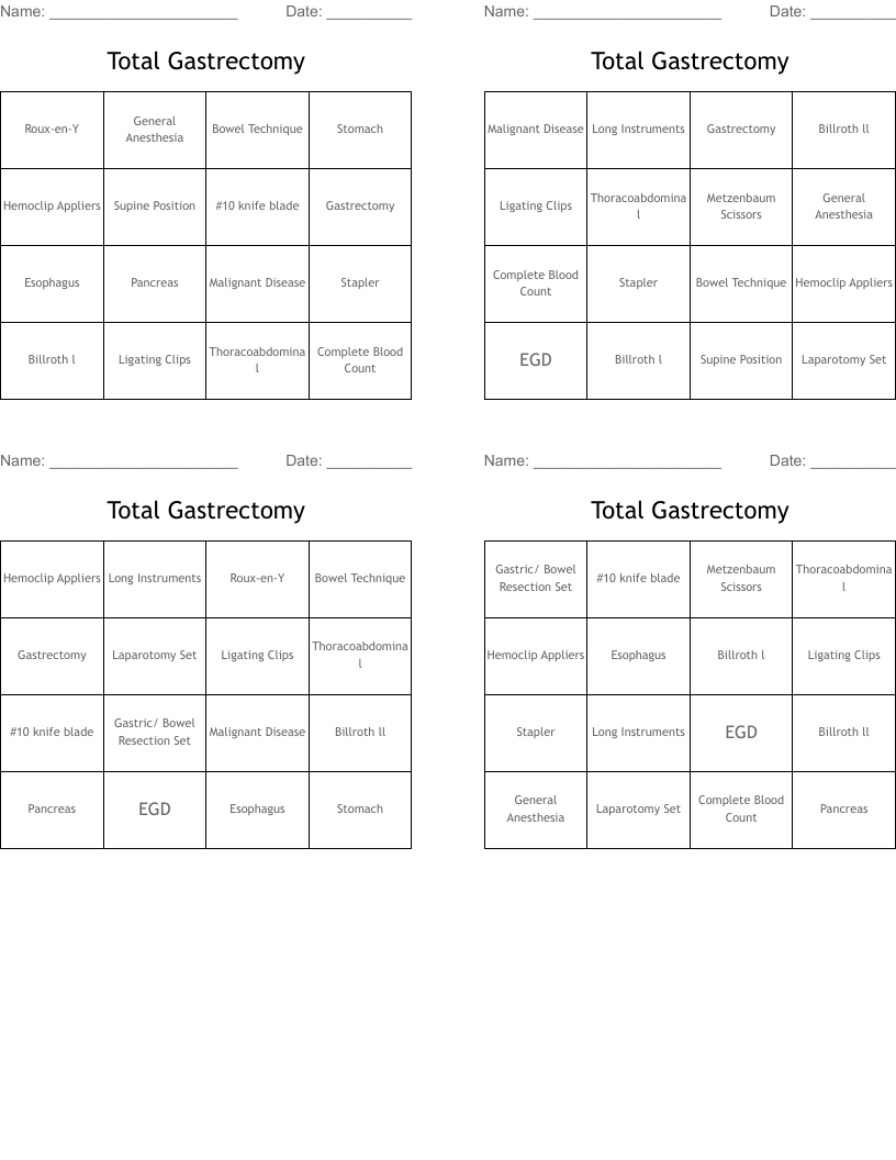 Total Gastrectomy Bingo Cards