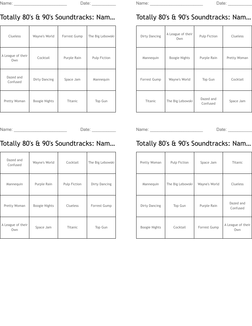 Totally 80's & 90's Soundtracks: Name the Movie Bingo Cards