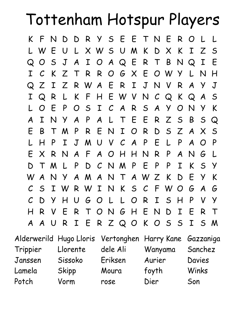 Tottenham Hotspur Players Word Search