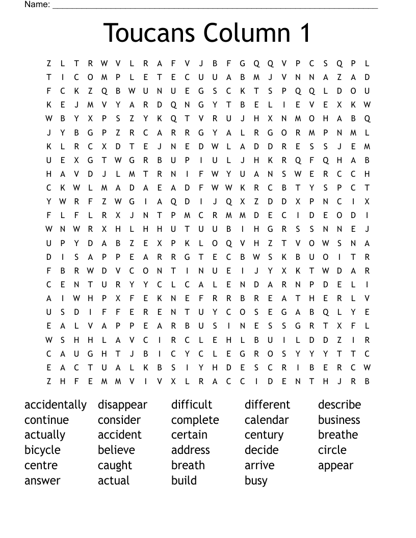 Toucans Column 1 Word Search