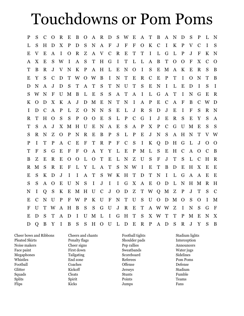 Touchdowns or Pom Poms Word Search