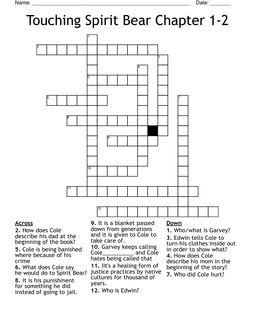 Touching Spirit Bear Chapter 1-2 Crossword