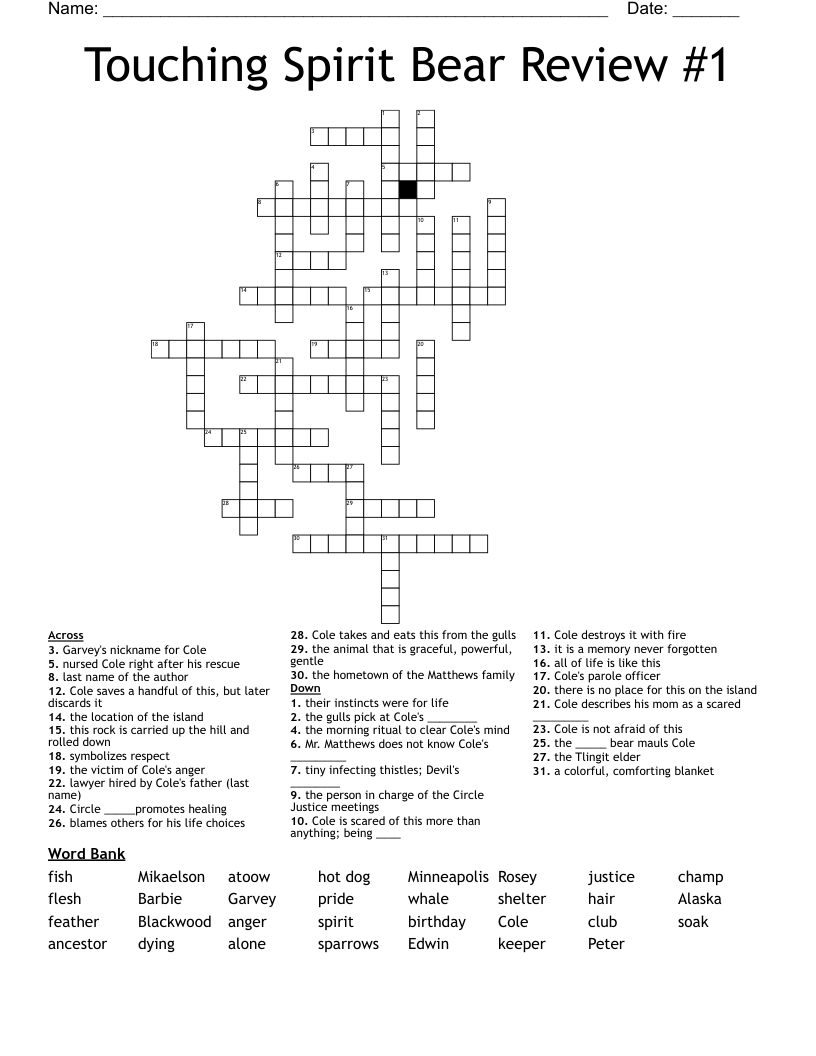 Touching Spirit Bear Review #1 Crossword