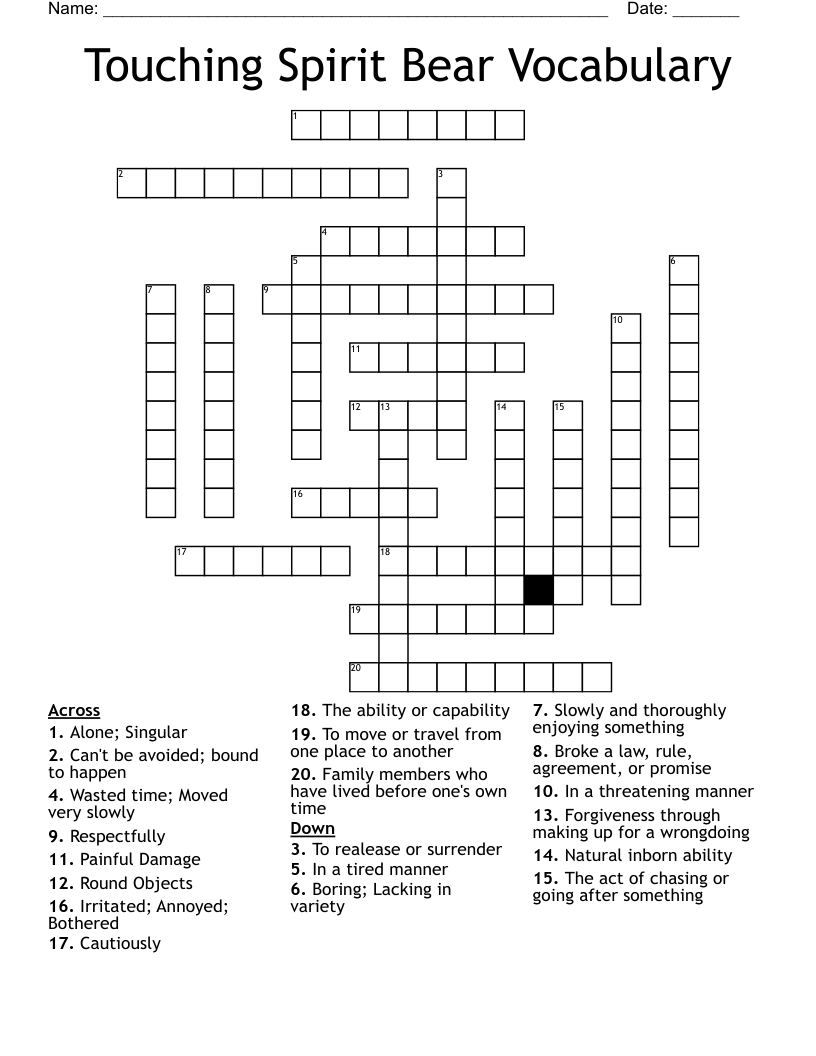 Touching Spirit Bear Vocabulary Crossword