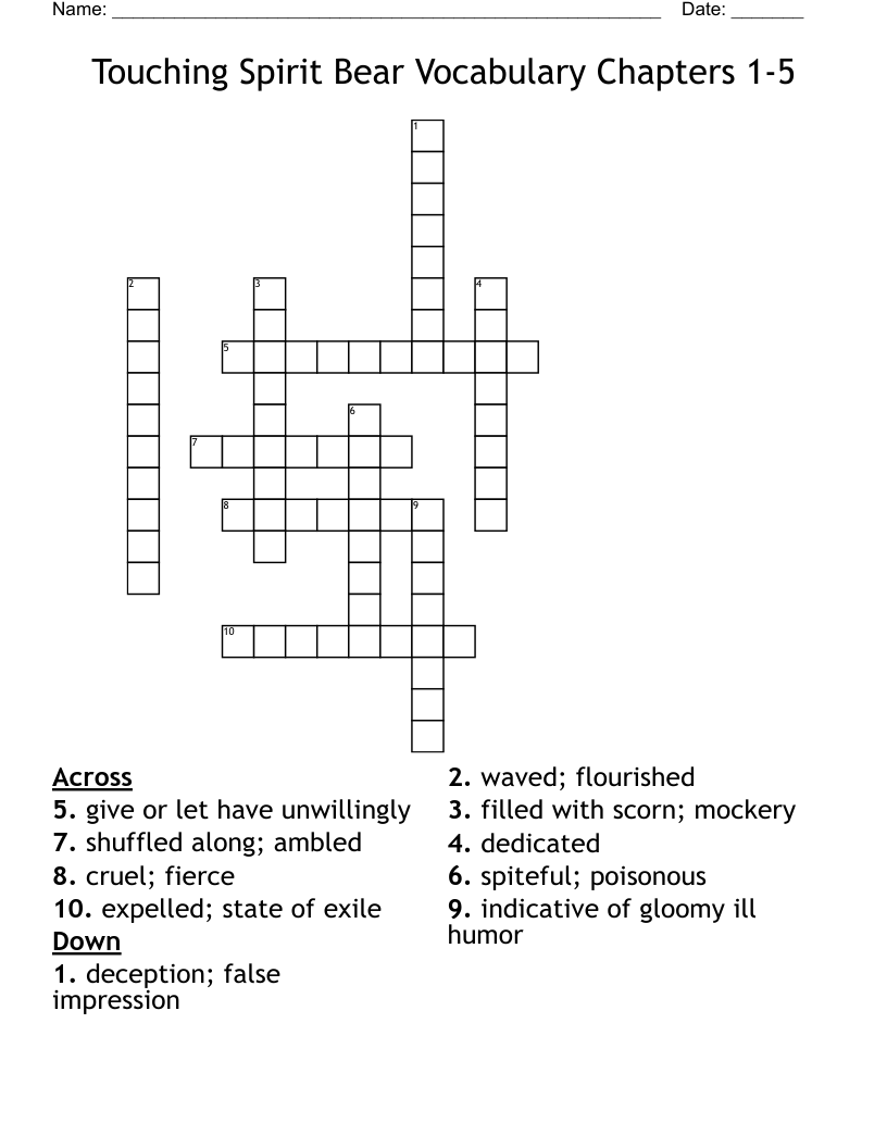 Touching Spirit Bear Vocabulary Chapters 1-5 Crossword
