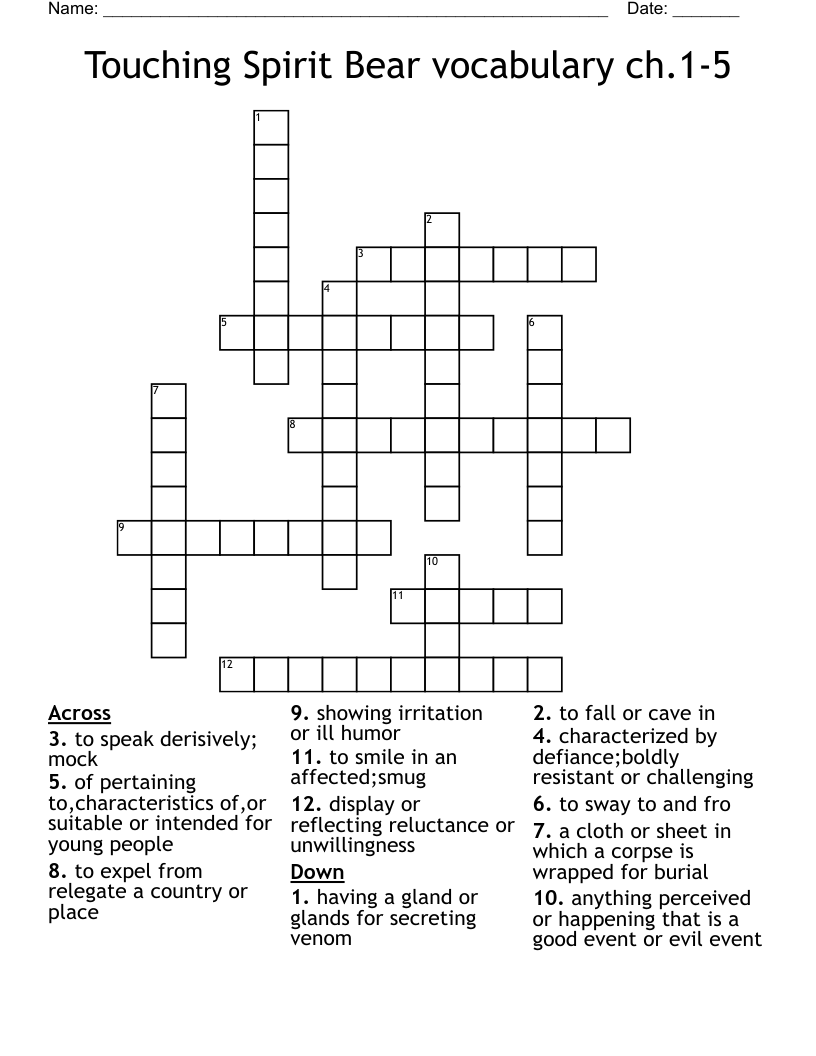 Touching Spirit Bear vocabulary ch.1-5 Crossword