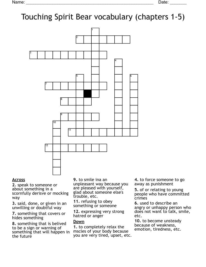 Touching Spirit Bear vocabulary (chapters 1-5) Crossword