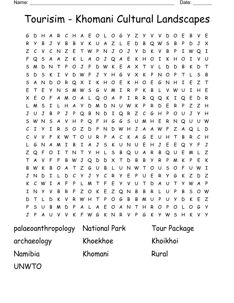 Tourisim - Khomani Cultural Landscapes Word Search