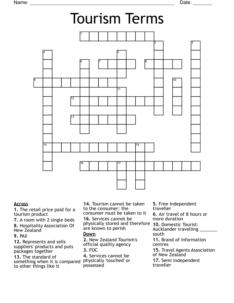 Tourism Terms Crossword