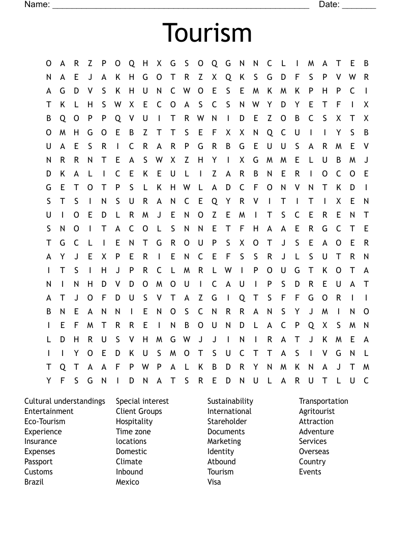 Tourism  Word Search