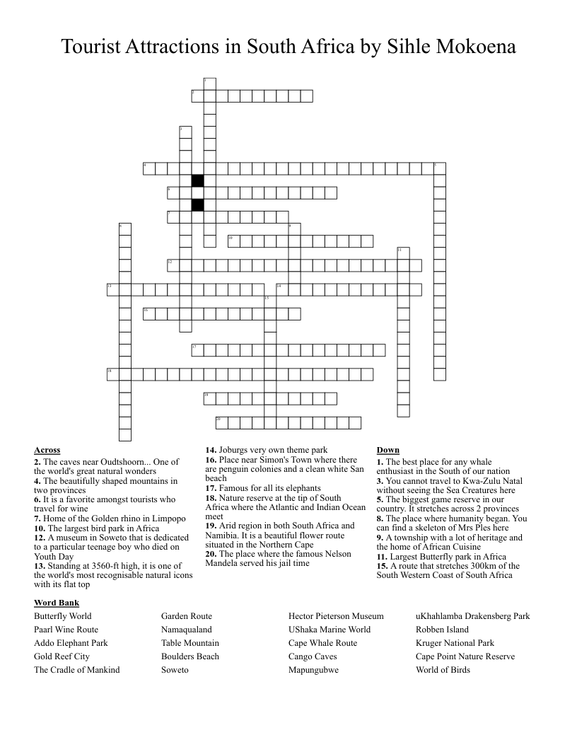 Tourist Attractions in South Africa by Sihle Mokoena Crossword