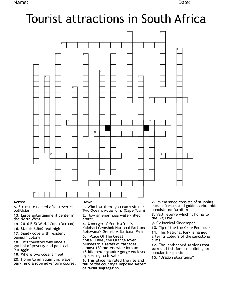 Tourist attractions in South Africa  Crossword