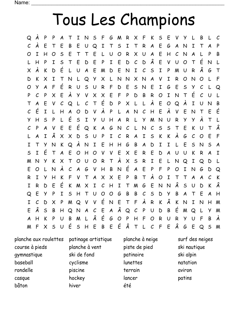 Tous Les Champions Word Search
