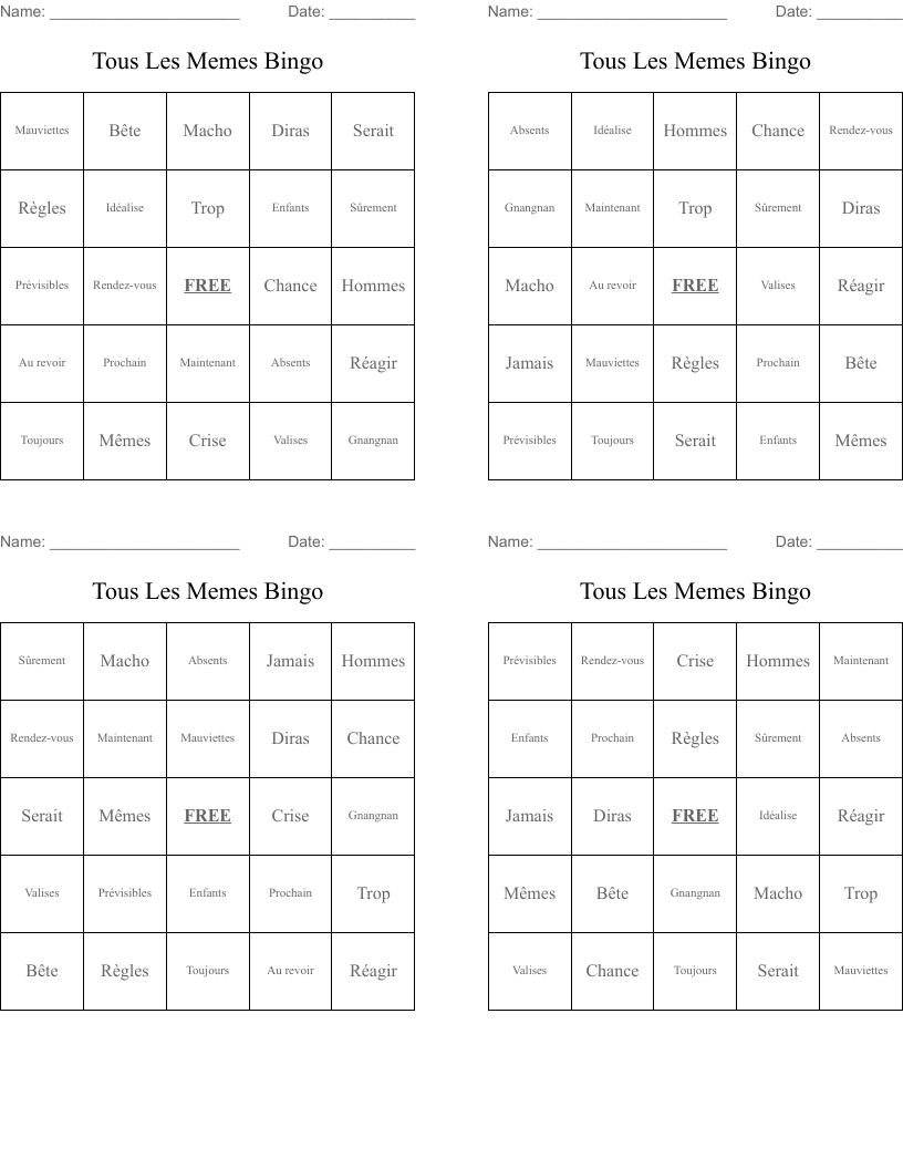 Tous Les Memes Bingo