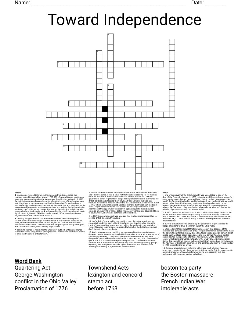 Toward Independence  Crossword