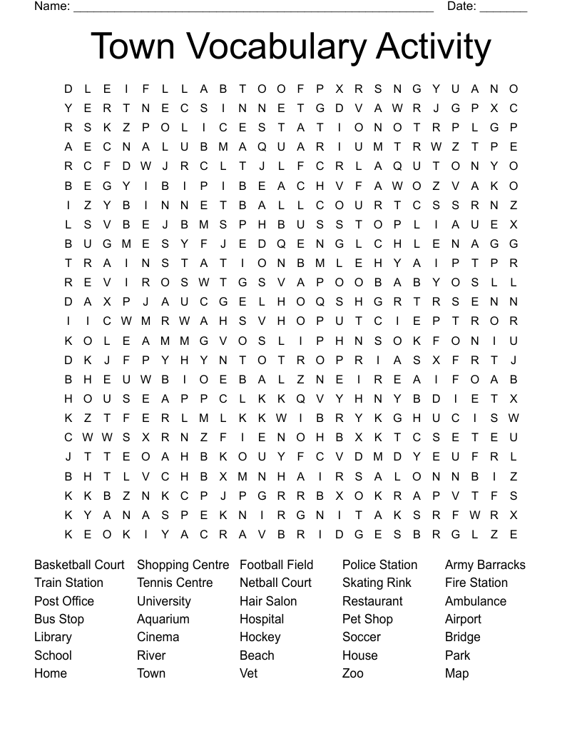 Town Vocabulary Activity Word Search
