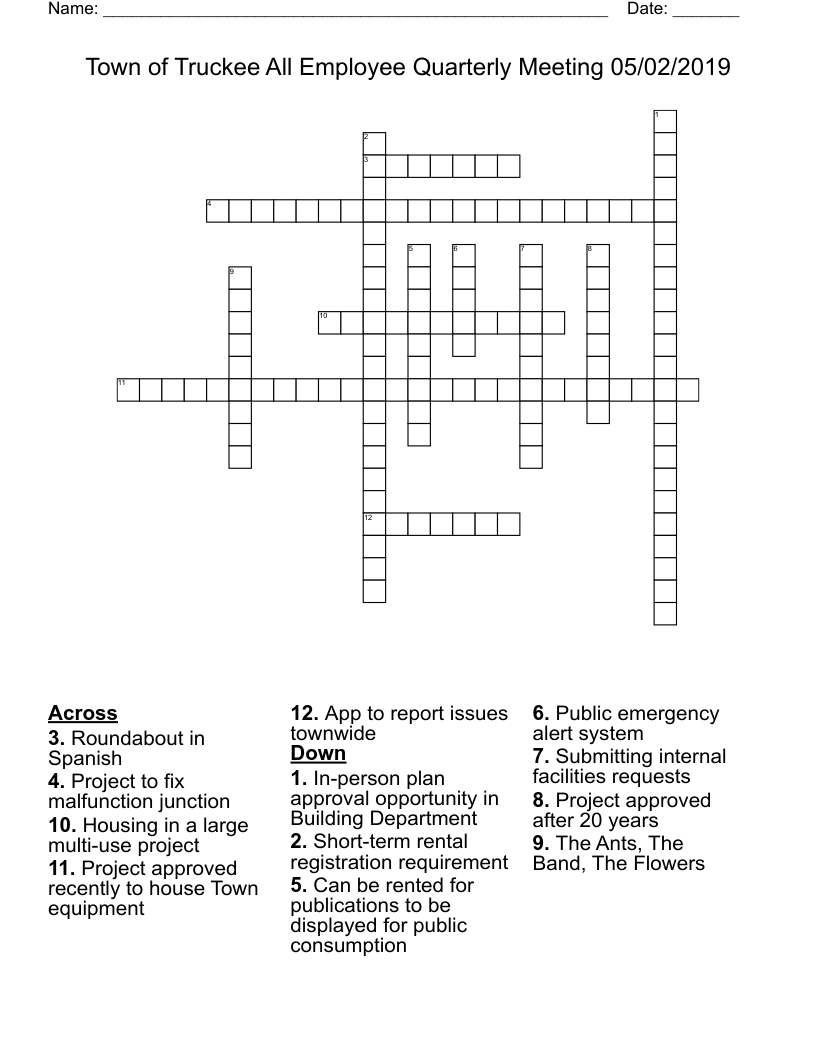 Town of Truckee All Employee Quarterly Meeting 05/02/2019 Crossword