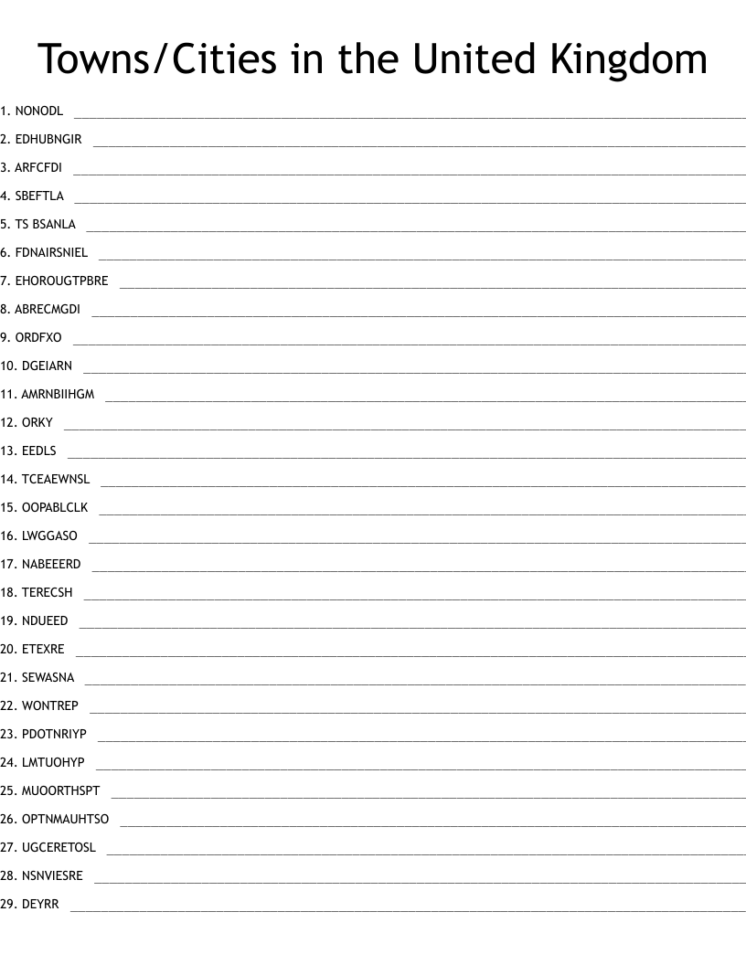 Towns/Cities in the United Kingdom Word Scramble