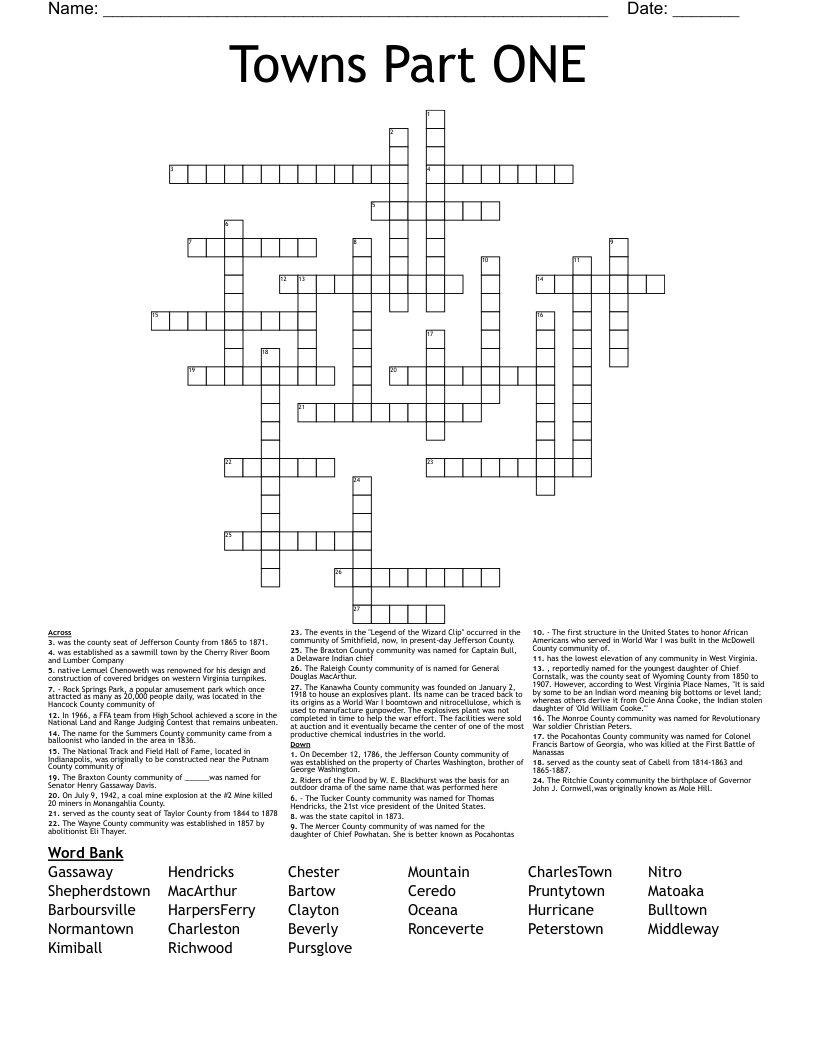 Towns Part ONE Crossword