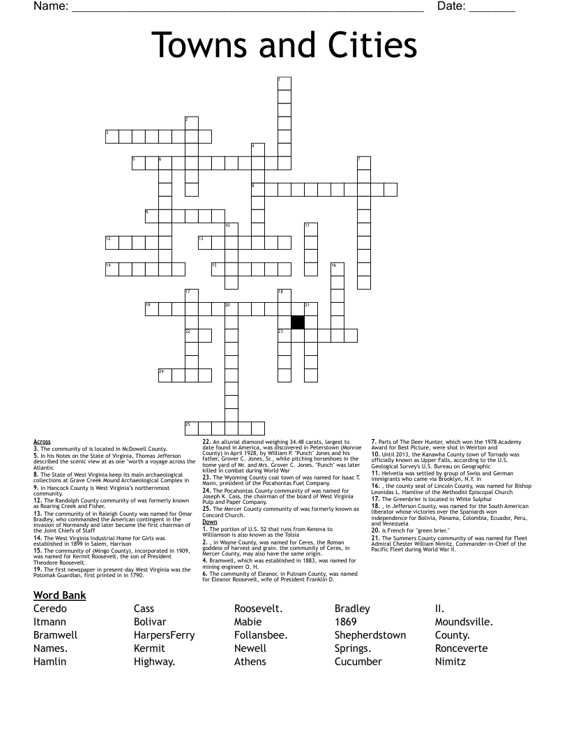 Towns and Cities Crossword