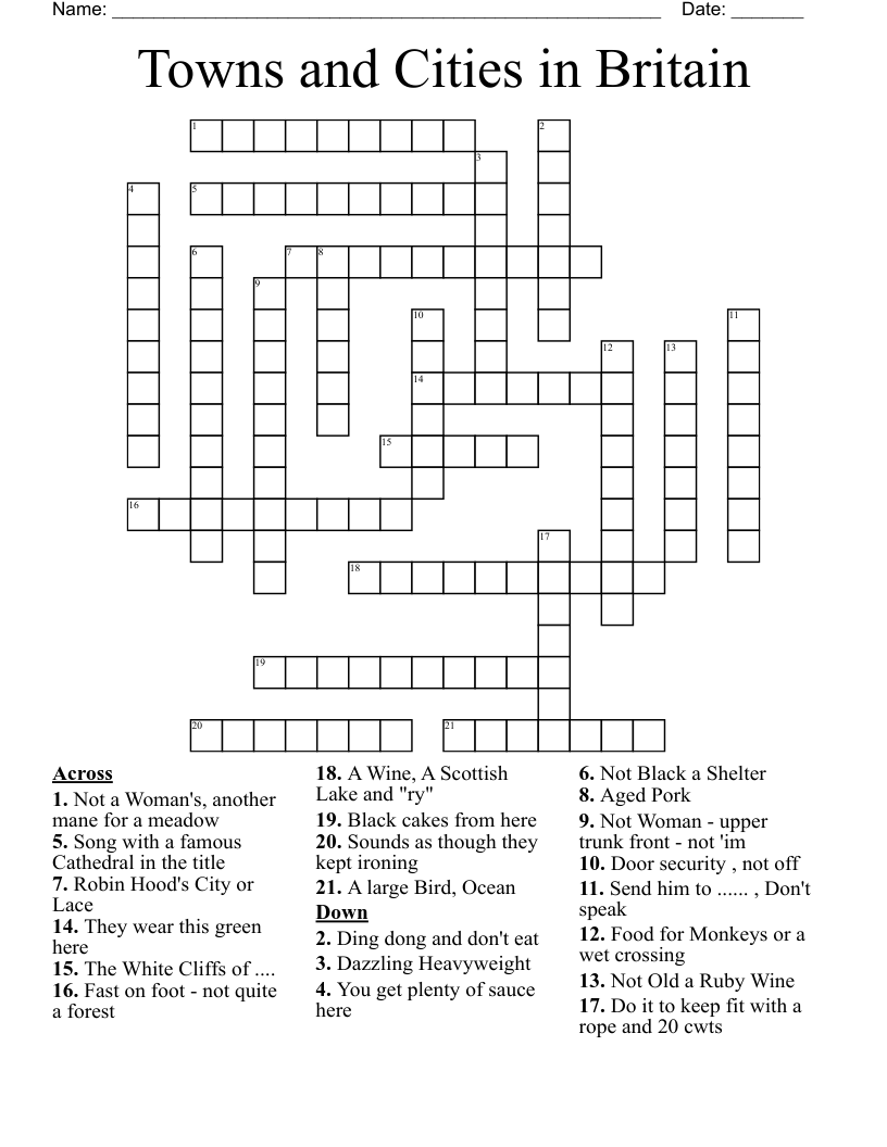 Towns and Cities in Britain Crossword