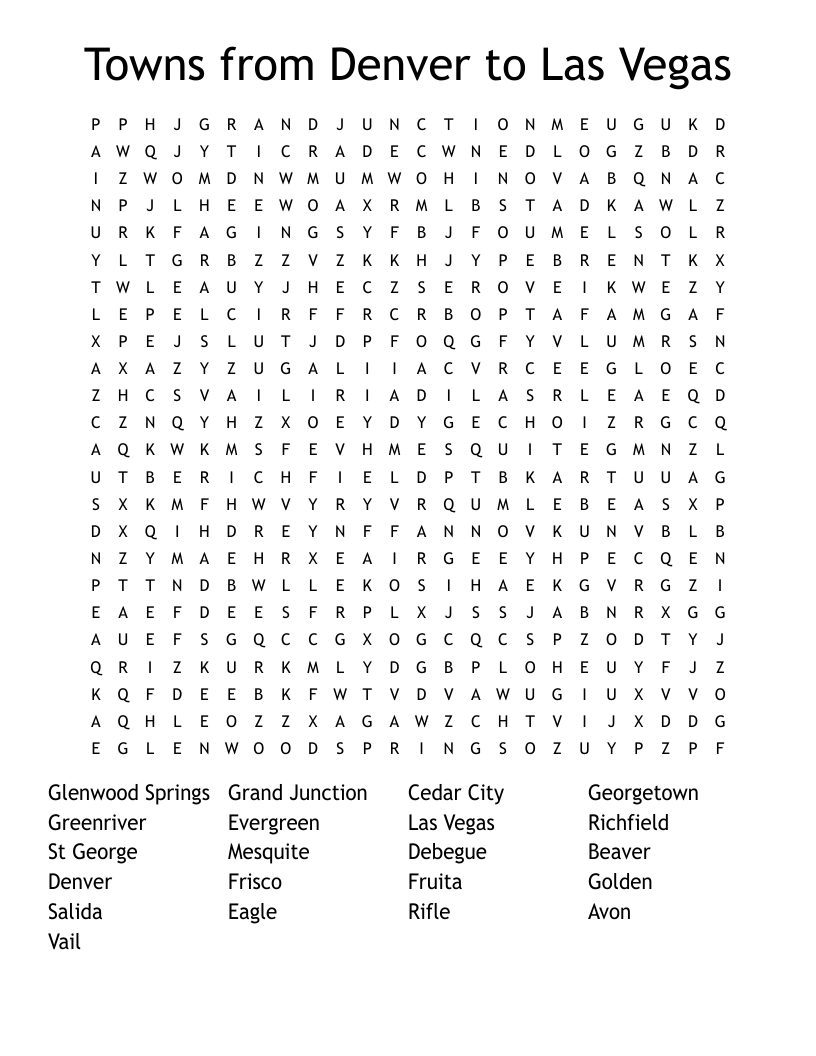 Towns from Denver to Las Vegas Word Search