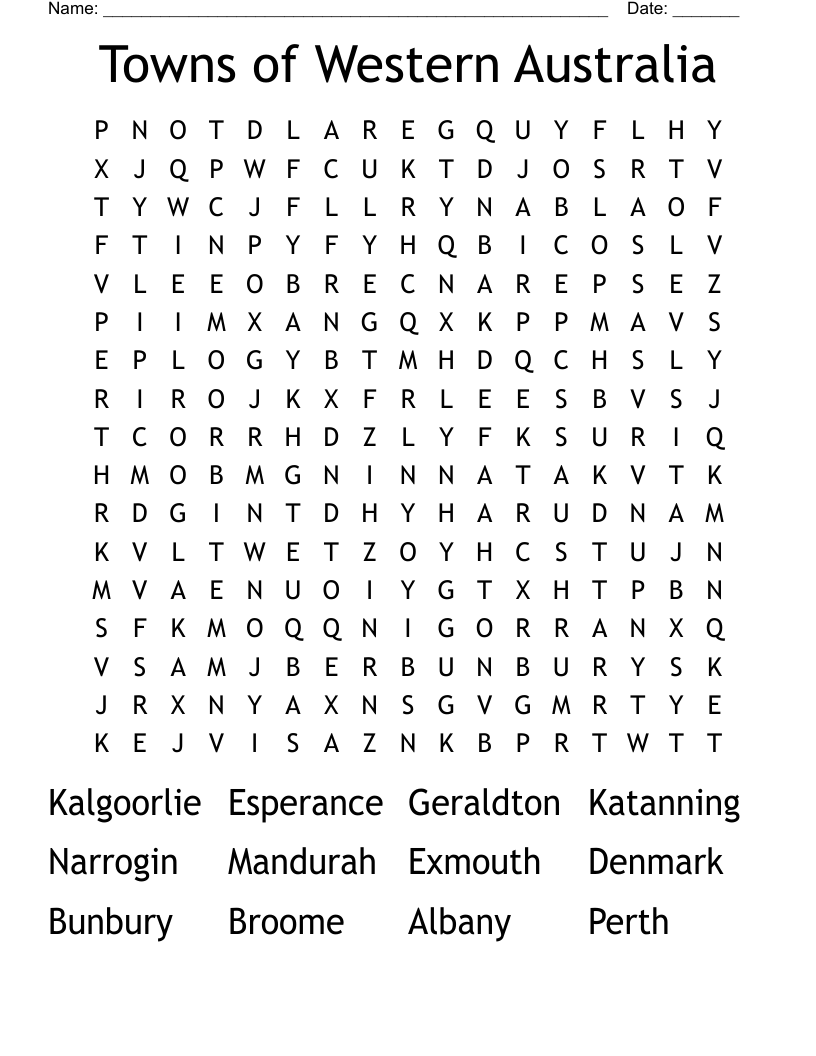 Towns of Western Australia Word Search