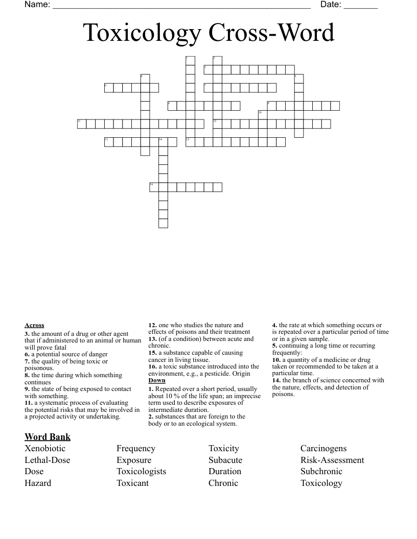 Toxicology Cross-Word Crossword