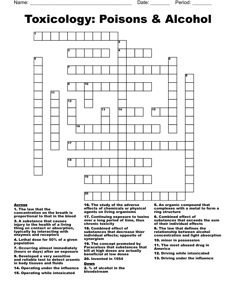 Toxicology: Poisons & Alcohol Crossword