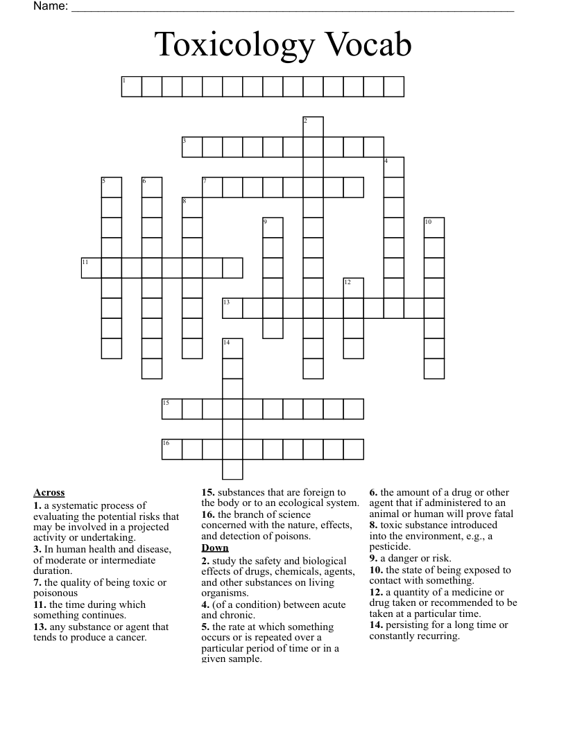Toxicology Vocab Crossword