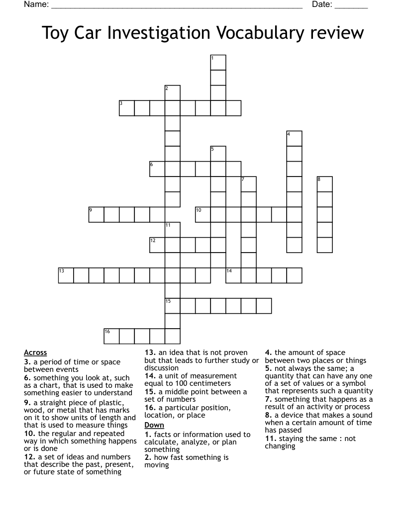 Toy Car Investigation Vocabulary review Crossword