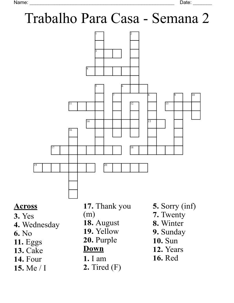 Trabalho Para Casa - Semana 2 Crossword