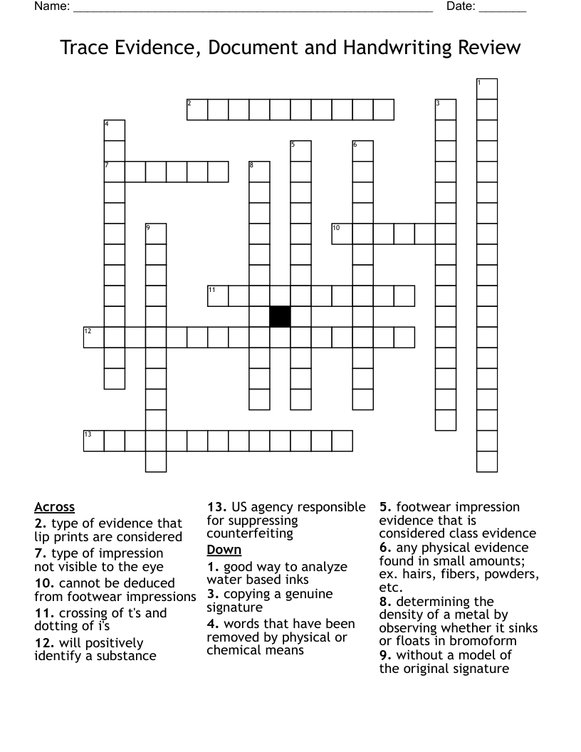 Trace Evidence, Document and Handwriting Review Crossword