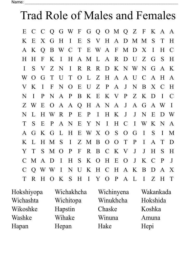 Trad Role of Males and Females Word Search