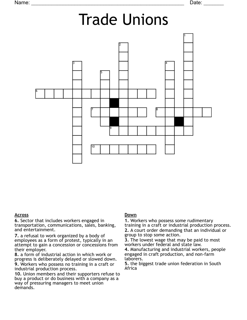Trade Unions Crossword