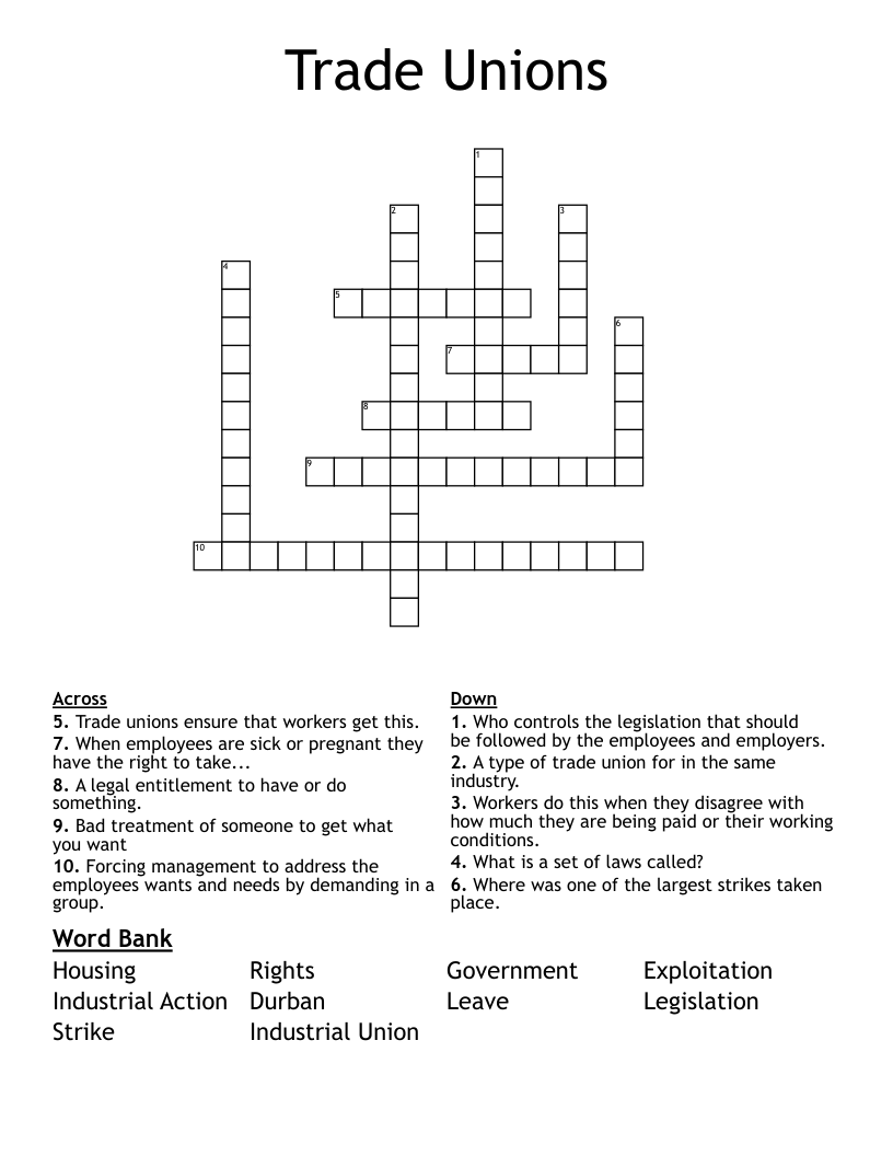 Trade Unions Crossword