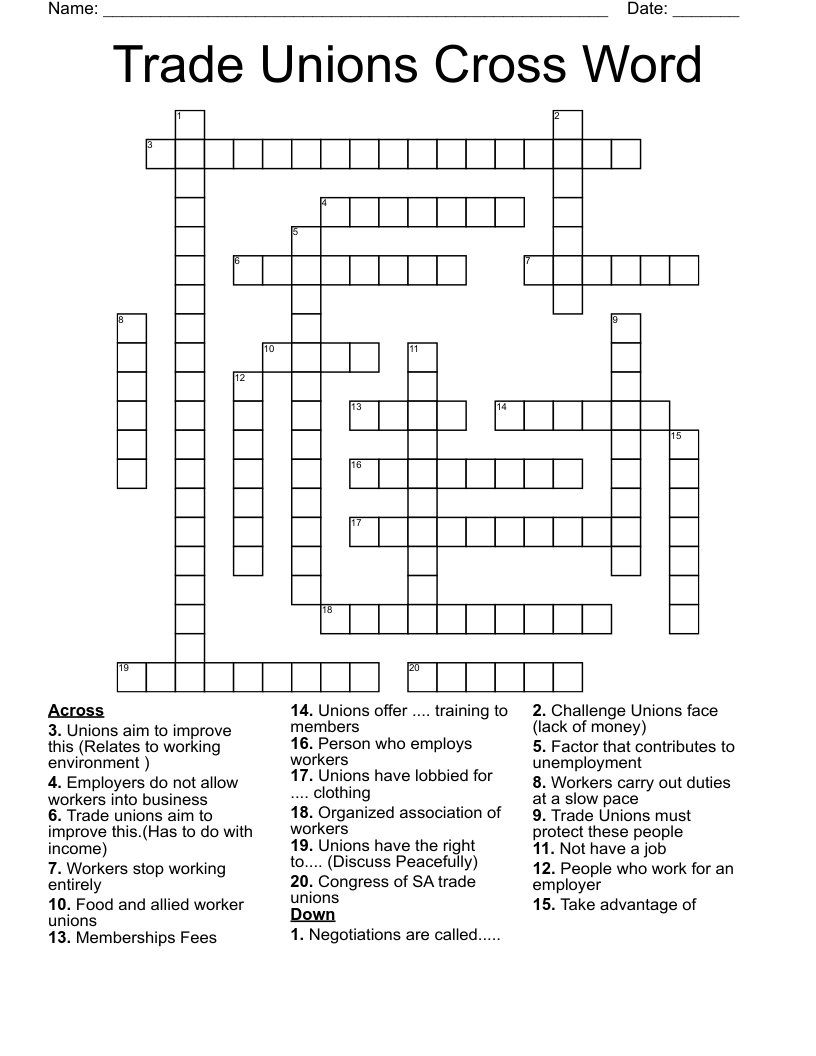 Trade Unions Cross Word